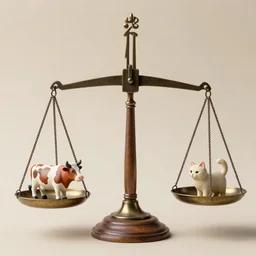 set of balance scales with weights, libra symbol, one cow figurine and one cat figurine in dishes