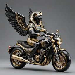 fine art statue of black egyptian god osiris on a surrealist motorbike, ebony art deco, carved black marble, inlaid with ebony and gold accents, ebony rococo, wings black lace wear, sculpted by spider zero, zaha hadid, trending on artstation, beautifully lit, hyper detailed, intricate, elite, ornate, elegant, luxury, dramatic lighting, photorealistic, octane render, micro details, 3 d sculpture, structure, ray trace # zaha hadid # golden ratio # key art