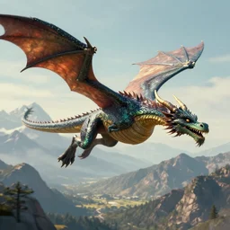 A dragon flying over the mountains, digital art, trending on artstation, HDR, by Albert Bierstadt, nicely detailed