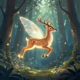 fairy deer flying through magicla forests, digital art, glow