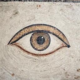 medium shot Mosaic of an stylised almond shaped eye, from Italica, AD 176-275. Archaeological Museum, Seville. Byzantine mosaics, highly detailed, HQ, HD, National Geographic,