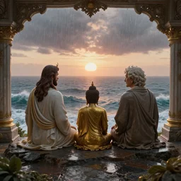 a stunning 3 d render of a jesus and buddah and fredrick nietzsche sitting on a cliff facing away from the camera in the rain watching the sunrise over the ocean, turbulent ocean in the background, intricate, elegant, highly detailed, artstation, ultra sharp focus, octane render, volumetric lighting, in a neoclassical and baroque style