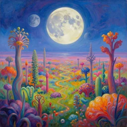 multi colored psychedelic plants growing and spreading beyond the land into the horizon, giant moons in the sky, beautiful environment, futuristic, oil painting, 4k