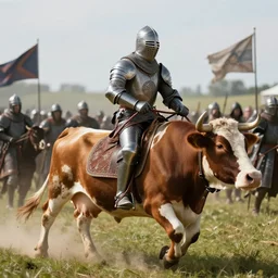 medieval knight riding a cow into battle