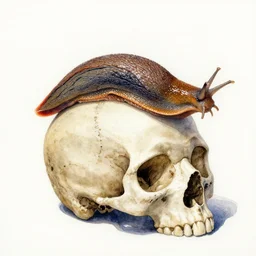 watercolour of slug!!! below a skull, realism, intricate, colourful