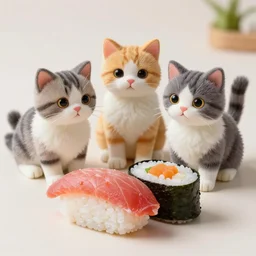 clear photorealistic picture of adorable cats made out of sushi