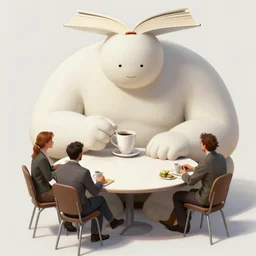 a giant humanoid book sitting at a table having coffee with 3 people, professional digital painting, wild brush strokes, concept art, award - winning photography, cinematic, wlop, color block, pop, hip, art by andy warhol, pixiv art, yoshitaka amano