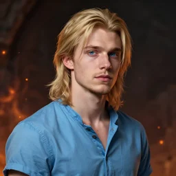 digital portrait of a skinny european male, slightly longer blond hair and a light stubble beard, wearing a light blue shirt, blue eyes, rugged, teenage no, fantasy, wizard, trending artstation, dungeons & dragons, relaxed expression, dark lighting, high detail, fire particles in background