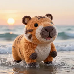 a closeup photorealistic photograph of a cute smiling knitted tiger hippopotamus splashing in the waves at sunset. surf in background. professional capture. brightly lit scene. this 4 k hd image is trending on artstation, featured on behance, well - rendered, extra crisp, features intricate detail, epic composition and the style of unreal engine.