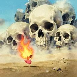 a wholesome animation key shot of mononoke planting giant skulls alone in the desert by herself, studio ghibli, pixar and disney animation, sharp, disney concept art watercolor illustration by mandy jurgens and alphonse mucha and alena aenami, pastel color palette, burning, dandelion seeds float, bloom, dramatic lighting
