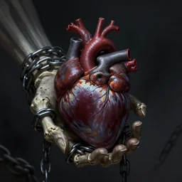 human heart in chains in the hand of a skeleton, darkness, mystery, scared, fantasy, dark, highly detailed, digital painting, concept art, sharp focus, illustration, epic light, artstation