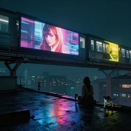 girl and cat on a roof, moment, cyberpunk elevated train, electronic billboards, tech noir, wet reflections, atmospheric, ambient, livia prima, greg rutkowski, edward hopper, pj crook