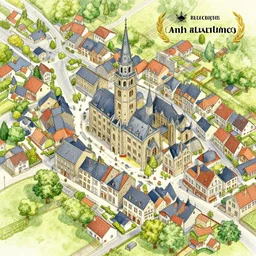 The village of Dinant, Belgium. Isometric aerial view. Watercolor illustration. Very detailed, whimsical, award winning.