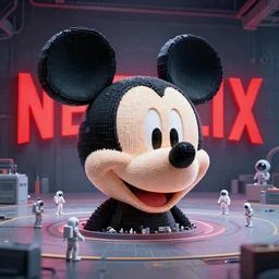 an beeple created image of the cartoon character mickey mouse's head being built by small astronauts in a large room with a red glowing netflix sign behind it