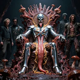 movie still of space compass baron in chrome noodle tongue throne, horrible pit of charred fungus, legs eaten off by necrotizm virgil finlay, alberto bontempi, shigeru komatsuzaki, wayne d barlowe, alex ross, enric torres, simon bisley & boris vallejo, alex ross, enric torres, hyper realism, cinematical, narrative light
