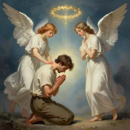 angels protecting a praying man, by  Alex Flores, Trending on artstation, deviantart
