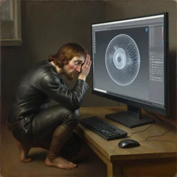 masterpiece painting of a 3d artist sad, crouched and desperate looking at the a computer screen with wireframe 3d object opened 3d software on screen wireframe, oil on canvas, renaissance