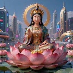 Beautiful 3d render of the flower queen goddess on a lotus, centered, symmetry, with the third eye on her forehead, painted, intricate, volumetric lighting, beautiful, rich deep colours masterpiece, sharp focus, ultra detailed, in the style of Dan Mumford and marc simonetti, with a clear crowded futuristic cyberpunk dubai city in the background, astrophotgraphy