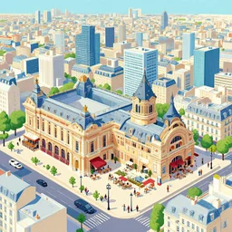 paris city with bars, restaurant, museum, terrace, offices, city scape in the style of pascal blanchet, isometric