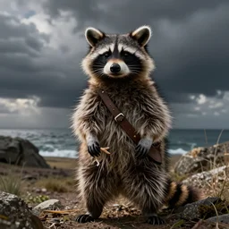 a raccoon dressed as a depp sea fisherman
