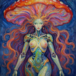 perfectly centered portrait, front view of a beautiful biomechanical fractal mushroom goddess, female, flowing hair, intense stare, sweet smile, symmetrical, concept art, intricate detail, volumetric shadows and lighting, psychedelic colors, vibrant, realistic oil painting by vincent van gogh,