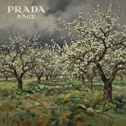 A beautiful drawing depicting a farm scene. The drawing shows a view of an orchard with trees in bloom. Prada by Kay Sage, by Gustave Doré dreary
