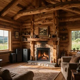 wooden cottage livingroom, servers, fireplace, concept art