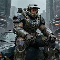 character portrait of a big beefy bulky female warrior wearing mjolnir mk 6 armor from halo infinite sitting down on a car in a desolate cyberpunk wasteland city, realistically rendered eyes, 8 k, ultra realistic, realistic shading, concept art, digital painting, illustration, matte painting, moody lighting, good value control, sharp focus, minimal artifacts, wet, rain, rainstorm