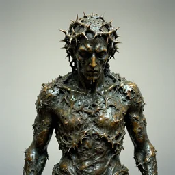 a perfect photograph of an ornately decorated bronze sculpture of a haunted man, fractal thorns studded all over his head and dripping with semi molten wax over his swirling, pathetic, torn and ragged body. 3 5 mm film, studio lighting and gallery quality
