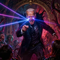 Joe Biden with a wide grin shooting laser beams out of his eyes into a crowd, Evil, chaos, ornate, horror, detailed, bloodborne, colorful