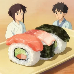 illustration of tasty colorful sushi, in traditional japan style, by makoto shinkai and takashi takeuchi