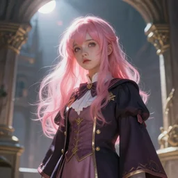 portrait of an innocent lost girl with pink hair, magic uniform, fantasy building, intricate, sharp focus, lens flare, bloom, rim light, illustration, highly detailed, digital painting, concept art, matte, art by maciej kuciara