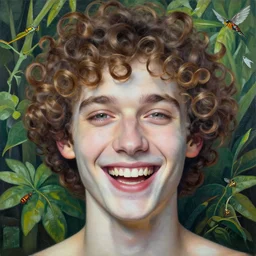 the face of a young man with marble complexion, angelic features, dancing curls around his face, laughing, symmetrical eyes, acrylic by alex grey, background lush vegetation, insects and birds, 8 k uhd