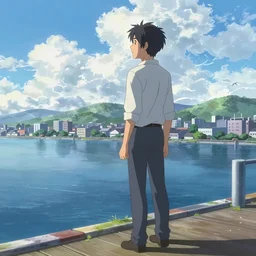 a beautiful ultradetailed anime illustration of a man standing on a dock, staring wistfully at the city, up to bottom is clouds，sea，railway，by makoto shinkai，anime wallpaper 4k，prismatic