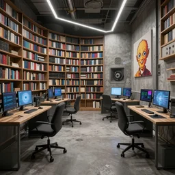 Interior shot of a futuristic brutalist studio apartment with computers and library by Petros Afshar and Beeple, James Gilleard, Mark Ryden, Wolfgang Lettl highly detailed