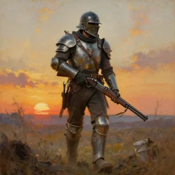 a detailed painting of a man in post apocalyptic home made armour and a helmet holding a modified shotgun walking towards a sunset. hd. 1 9 5 0 s oil painting style.