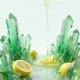 lemon juice flowing through glistening emerald crystal formations, abstract landscape, octane render, ray tracing, 4 k desktop wallpaper