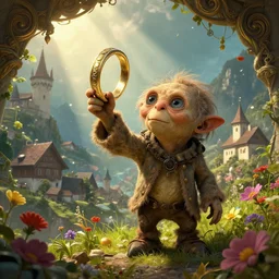 my precious! - gollum / smeagol holds the ring high against the backdrop of a medieval village in switzerland, ornate, beautiful, atmosphere, vibe, flowers, concept art illustration, greg rutowski, volumetric lighting, sunbeams, particles