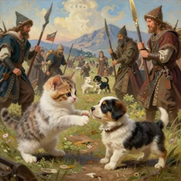 painted closeup of fantasy medieval battlefield, cute kittens fighting cute puppies, fantasy intricate elegant extremely detailed digital painting trending artstation concept art sharp focus illustration art by gustave courbet greg rutkowski craig mullins