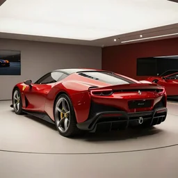a vision gran turismo style ferrari concept car inside a showroom, with the tailights glowing, in nice studio lighting