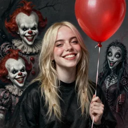 sketch of Billie eilish with a wide smile and a red balloon by Zdzisław Beksiński, loony toons style, pennywise style, corpse bride style, creepy lighting, horror theme, detailed, elegant, intricate, conceptual, volumetric light