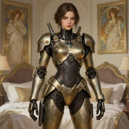 woman model, combat mech clothes, in a bedroom, intricate clothes, elegant, highly detailed, digital painting, artstation, concept art, smooth, sharp focus, illustration, art by krenz cushart and artem demura and alphonse mucha
