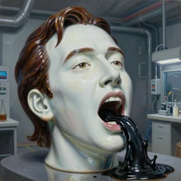 a massive porcelain sculpture in an underground lab of nicholas cage's face spewing a black tar from his mouth, in the style of johnson tsang, funny sculpture, lucid dream series, oil on canvas