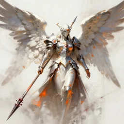 highly detailed digital painting of an abstract angel of war, with bloody spears, silver white and orange color scheme, hd