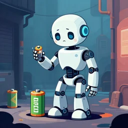 a sad!!! artificial intelligence robot performing for batteries in a back alley in the future, vector art. behance hd, cel artwork,