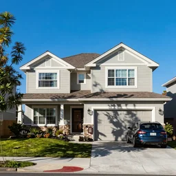 a beautiful suburban home with a garage and a car, bright blue sky.