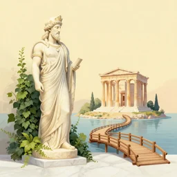 Atlantis zeus statue and hill valley grec greeble temple of olympus glory island  little wood bridge painting of tower  ivy plant   in marble  in harmony with nature. Nice colour scheme, soft warm colour. Beautiful detailed illustration by Lurid. (2022)