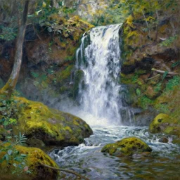 a waterfall in a mossy forest, claude monet, impressionistic, beautiful painting