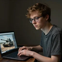 portrait of A nerd using a laptop. The laptop is displaying a picture of a tank. Detailed