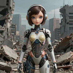 Ultrarealist illustration of a very beautiful dollpunk wearing Abstract tech bodysuit, in front of a ruined city, focus, realistic eyes, symmetric body features proportions, golden ratio, ultra intricate details, award winning, unreal render, by Tom Bagshaw